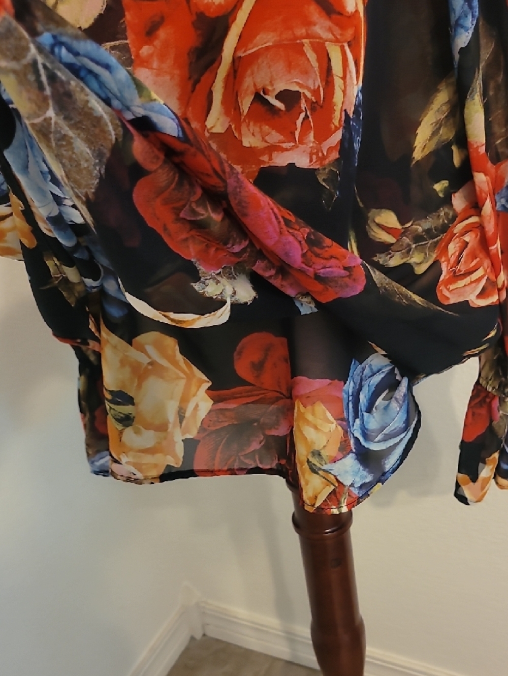 Show Me Your MuMu Black Floral Mock-Neck Blouse with Red, Blue & Yellow Roses - Picture 5 of 5